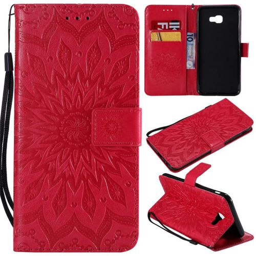 Samsung Galaxy J4 Plus 2018 Coque, Saturcase Fleur Du Soleil Gaufrage Pu Cuir Magnétique Flip Portefeuille Support Porte-Carte Protecteur Coque Housse Étui Avec Dragonne Pour Samsung Galaxy J4 Plus 2018 (Rouge)