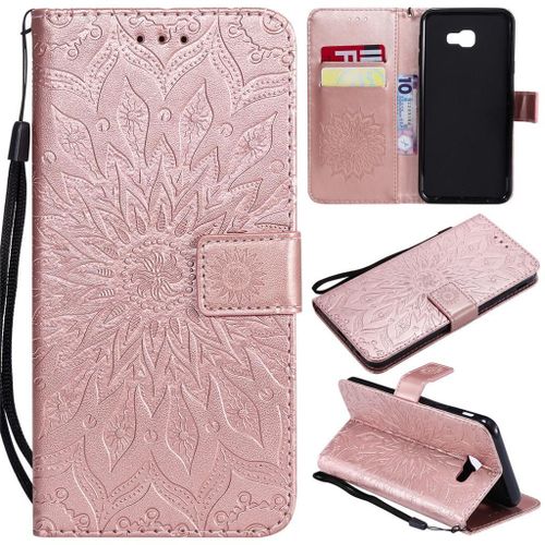 Samsung Galaxy J4 Plus 2018 Coque, Saturcase Fleur Du Soleil Gaufrage Pu Cuir Magnétique Flip Portefeuille Support Porte-Carte Protecteur Coque Housse Étui Avec Dragonne Pour Samsung Galaxy J4 Plus 2018 (Or Rose)