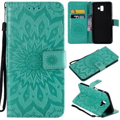 Samsung Galaxy J6 Plus 2018 Coque, Saturcase Fleur Du Soleil Gaufrage Pu Cuir Magnétique Flip Portefeuille Support Porte-Carte Protecteur Coque Housse Étui Avec Dragonne Pour Samsung Galaxy J6 Plus 2018 (Vert)