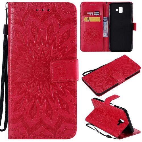 Samsung Galaxy J6 Plus 2018 Coque, Saturcase Fleur Du Soleil Gaufrage Pu Cuir Magnétique Flip Portefeuille Support Porte-Carte Protecteur Coque Housse Étui Avec Dragonne Pour Samsung Galaxy J6 Plus 2018 (Rouge)