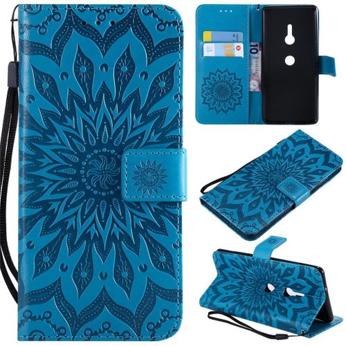 Sony Xperia Xz3 Coque, Saturcase Fleur Du Soleil Gaufrage Pu Cuir Magnétique Flip Portefeuille Support Porte-Carte Protecteur Coque Housse Étui Avec Dragonne Pour Sony Xperia Xz3 (Bleu)