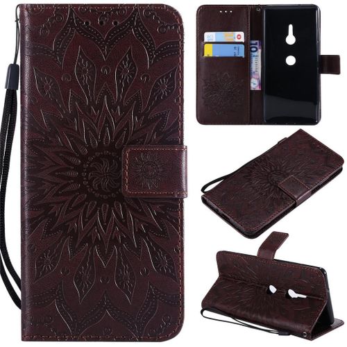 Sony Xperia Xz3 Coque, Saturcase Fleur Du Soleil Gaufrage Pu Cuir Magnétique Flip Portefeuille Support Porte-Carte Protecteur Coque Housse Étui Avec Dragonne Pour Sony Xperia Xz3 (Marron)