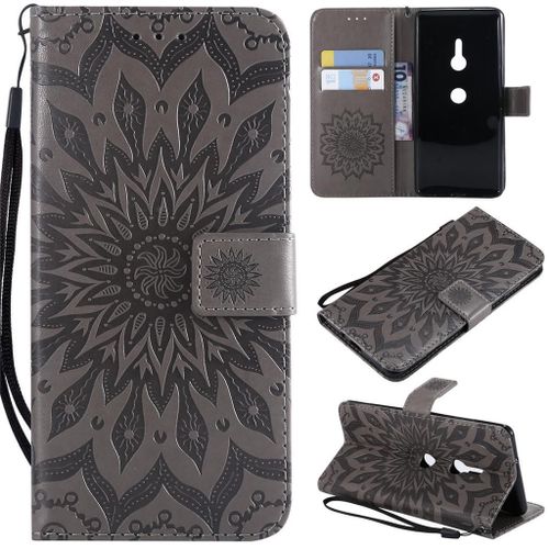 Sony Xperia Xz3 Coque, Saturcase Fleur Du Soleil Gaufrage Pu Cuir Magnétique Flip Portefeuille Support Porte-Carte Protecteur Coque Housse Étui Avec Dragonne Pour Sony Xperia Xz3 (Gris)