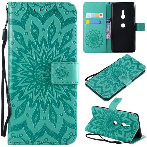 Sony Xperia Xz3 Coque, Saturcase Fleur Du Soleil Gaufrage Pu Cuir Magnétique Flip Portefeuille Support Porte-Carte Protecteur Coque Housse Étui Avec Dragonne Pour Sony Xperia Xz3 (Vert)