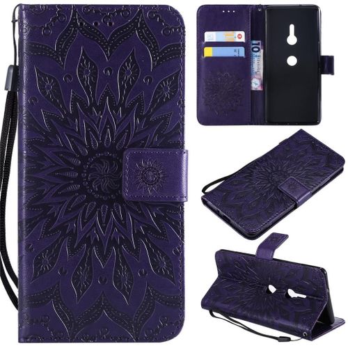 Sony Xperia Xz3 Coque, Saturcase Fleur Du Soleil Gaufrage Pu Cuir Magnétique Flip Portefeuille Support Porte-Carte Protecteur Coque Housse Étui Avec Dragonne Pour Sony Xperia Xz3 (Violet)