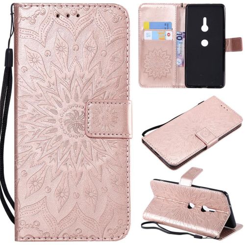 Sony Xperia Xz3 Coque, Saturcase Fleur Du Soleil Gaufrage Pu Cuir Magnétique Flip Portefeuille Support Porte-Carte Protecteur Coque Housse Étui Avec Dragonne Pour Sony Xperia Xz3 (Or Rose)