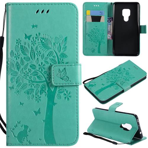 Huawei Mate 20 Coque, Saturcase Arbre À Chat Gaufrage Pu Cuir Magnétique Flip Portefeuille Support Porte-Carte Protecteur Coque Housse Étui Avec Dragonne Pour Huawei Mate 20 (Vert)