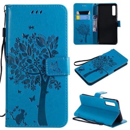 Samsung Galaxy A7 2018 Coque, Saturcase Arbre À Chat Gaufrage Pu Cuir Magnétique Flip Portefeuille Support Porte-Carte Protecteur Coque Housse Étui Avec Dragonne Pour Samsung Galaxy A7 2018 (Bleu)