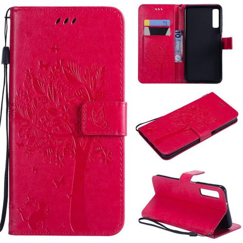 Samsung Galaxy A7 2018 Coque, Saturcase Arbre À Chat Gaufrage Pu Cuir Magnétique Flip Portefeuille Support Porte-Carte Protecteur Coque Housse Étui Avec Dragonne Pour Samsung Galaxy A7 2018 (Rose)