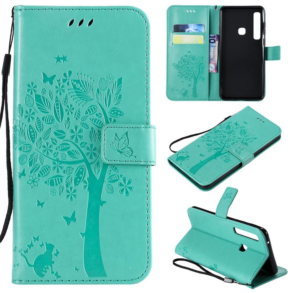 Samsung Galaxy A9 2018 Coque, Saturcase Arbre À Chat Gaufrage Pu Cuir Magnétique Flip Portefeuille Support Porte-Carte Protecteur Coque Housse Étui Avec Dragonne Pour Samsung Galaxy A9 2018 (Vert)