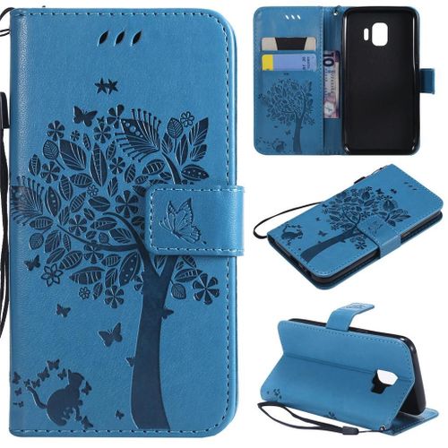 Samsung Galaxy J2 Core Coque, Saturcase Arbre À Chat Gaufrage Pu Cuir Magnétique Flip Portefeuille Support Porte-Carte Protecteur Coque Housse Étui Avec Dragonne Pour Samsung Galaxy J2 Core (Bleu)