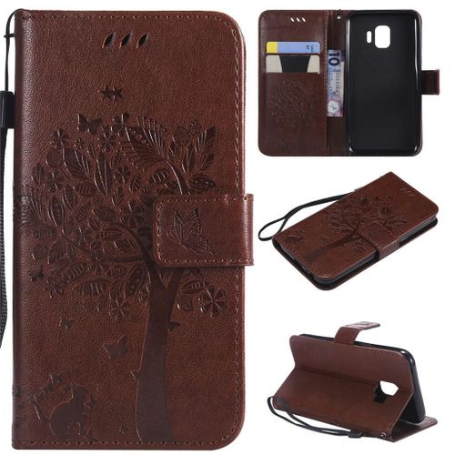 Samsung Galaxy J2 Core Coque, Saturcase Arbre À Chat Gaufrage Pu Cuir Magnétique Flip Portefeuille Support Porte-Carte Protecteur Coque Housse Étui Avec Dragonne Pour Samsung Galaxy J2 Core (Marron)