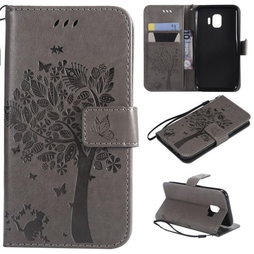 Samsung Galaxy J2 Core Coque, Saturcase Arbre À Chat Gaufrage Pu Cuir Magnétique Flip Portefeuille Support Porte-Carte Protecteur Coque Housse Étui Avec Dragonne Pour Samsung Galaxy J2 Core (Gris)
