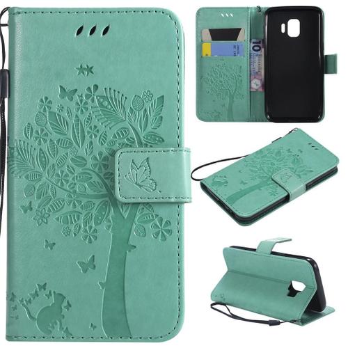 Samsung Galaxy J2 Core Coque, Saturcase Arbre À Chat Gaufrage Pu Cuir Magnétique Flip Portefeuille Support Porte-Carte Protecteur Coque Housse Étui Avec Dragonne Pour Samsung Galaxy J2 Core (Vert)