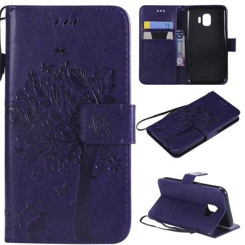 Samsung Galaxy J2 Core Coque, Saturcase Arbre À Chat Gaufrage Pu Cuir Magnétique Flip Portefeuille Support Porte-Carte Protecteur Coque Housse Étui Avec Dragonne Pour Samsung Galaxy J2 Core (Violet)