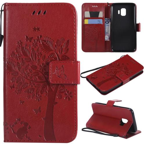 Samsung Galaxy J2 Core Coque, Saturcase Arbre À Chat Gaufrage Pu Cuir Magnétique Flip Portefeuille Support Porte-Carte Protecteur Coque Housse Étui Avec Dragonne Pour Samsung Galaxy J2 Core (Rouge)