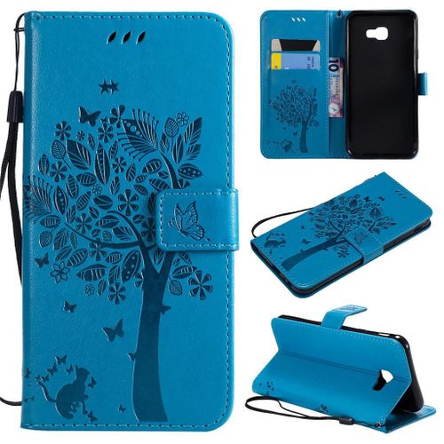 Samsung Galaxy J4 Plus 2018 Coque, Saturcase Arbre À Chat Gaufrage Pu Cuir Magnétique Flip Portefeuille Support Porte-Carte Protecteur Coque Housse Étui Avec Dragonne Pour Samsung Galaxy J4 Plus 2018 (Bleu)