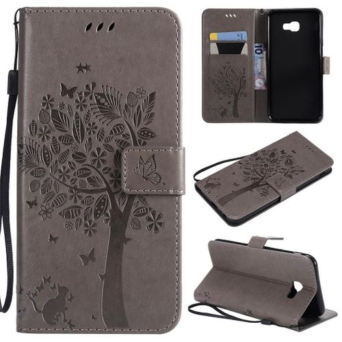 Samsung Galaxy J4 Plus 2018 Coque, Saturcase Arbre À Chat Gaufrage Pu Cuir Magnétique Flip Portefeuille Support Porte-Carte Protecteur Coque Housse Étui Avec Dragonne Pour Samsung Galaxy J4 Plus 2018 (Gris)