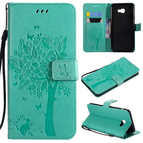 Samsung Galaxy J4 Plus 2018 Coque, Saturcase Arbre À Chat Gaufrage Pu Cuir Magnétique Flip Portefeuille Support Porte-Carte Protecteur Coque Housse Étui Avec Dragonne Pour Samsung Galaxy J4 Plus 2018 (Vert)