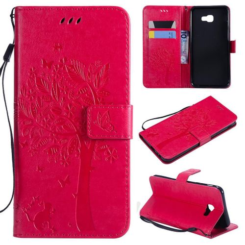 Samsung Galaxy J4 Plus 2018 Coque, Saturcase Arbre À Chat Gaufrage Pu Cuir Magnétique Flip Portefeuille Support Porte-Carte Protecteur Coque Housse Étui Avec Dragonne Pour Samsung Galaxy J4 Plus 2018 (Rose)