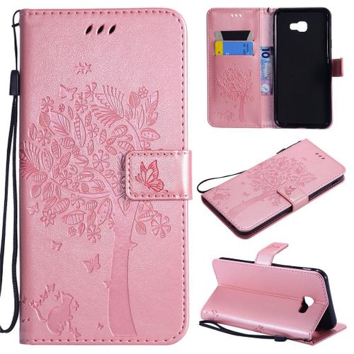 Samsung Galaxy J4 Plus 2018 Coque, Saturcase Arbre À Chat Gaufrage Pu Cuir Magnétique Flip Portefeuille Support Porte-Carte Protecteur Coque Housse Étui Avec Dragonne Pour Samsung Galaxy J4 Plus 2018 (Or Rose)