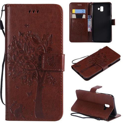 Samsung Galaxy J6 Plus 2018 Coque, Saturcase Arbre À Chat Gaufrage Pu Cuir Magnétique Flip Portefeuille Support Porte-Carte Protecteur Coque Housse Étui Avec Dragonne Pour Samsung Galaxy J6 Plus 2018 (Marron)
