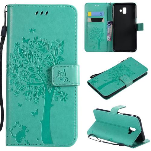 Samsung Galaxy J6 Plus 2018 Coque, Saturcase Arbre À Chat Gaufrage Pu Cuir Magnétique Flip Portefeuille Support Porte-Carte Protecteur Coque Housse Étui Avec Dragonne Pour Samsung Galaxy J6 Plus 2018 (Vert)