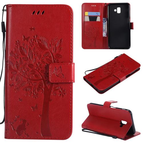 Samsung Galaxy J6 Plus 2018 Coque, Saturcase Arbre À Chat Gaufrage Pu Cuir Magnétique Flip Portefeuille Support Porte-Carte Protecteur Coque Housse Étui Avec Dragonne Pour Samsung Galaxy J6 Plus 2018 (Rouge)
