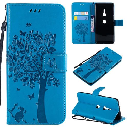 Sony Xperia Xz3 Coque, Saturcase Arbre À Chat Gaufrage Pu Cuir Magnétique Flip Portefeuille Support Porte-Carte Protecteur Coque Housse Étui Avec Dragonne Pour Sony Xperia Xz3 (Bleu)
