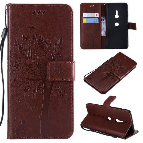 Sony Xperia Xz3 Coque, Saturcase Arbre À Chat Gaufrage Pu Cuir Magnétique Flip Portefeuille Support Porte-Carte Protecteur Coque Housse Étui Avec Dragonne Pour Sony Xperia Xz3 (Marron)