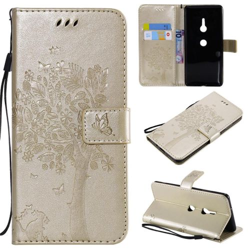 Sony Xperia Xz3 Coque, Saturcase Arbre À Chat Gaufrage Pu Cuir Magnétique Flip Portefeuille Support Porte-Carte Protecteur Coque Housse Étui Avec Dragonne Pour Sony Xperia Xz3 (Or)