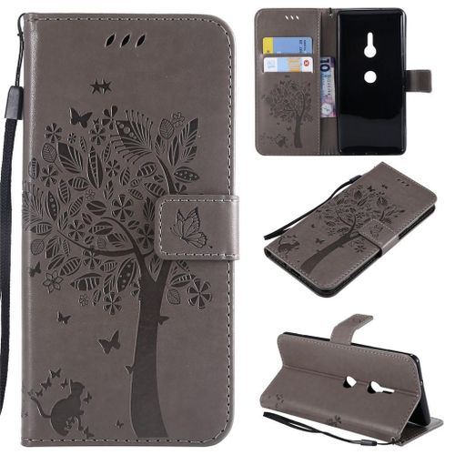 Sony Xperia Xz3 Coque, Saturcase Arbre À Chat Gaufrage Pu Cuir Magnétique Flip Portefeuille Support Porte-Carte Protecteur Coque Housse Étui Avec Dragonne Pour Sony Xperia Xz3 (Gris)