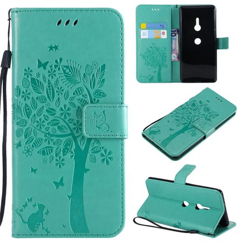 Sony Xperia Xz3 Coque, Saturcase Arbre À Chat Gaufrage Pu Cuir Magnétique Flip Portefeuille Support Porte-Carte Protecteur Coque Housse Étui Avec Dragonne Pour Sony Xperia Xz3 (Vert)