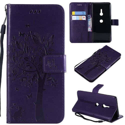 Sony Xperia Xz3 Coque, Saturcase Arbre À Chat Gaufrage Pu Cuir Magnétique Flip Portefeuille Support Porte-Carte Protecteur Coque Housse Étui Avec Dragonne Pour Sony Xperia Xz3 (Violet)