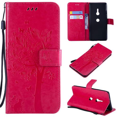 Sony Xperia Xz3 Coque, Saturcase Arbre À Chat Gaufrage Pu Cuir Magnétique Flip Portefeuille Support Porte-Carte Protecteur Coque Housse Étui Avec Dragonne Pour Sony Xperia Xz3 (Rose)