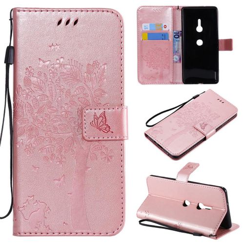 Sony Xperia Xz3 Coque, Saturcase Arbre À Chat Gaufrage Pu Cuir Magnétique Flip Portefeuille Support Porte-Carte Protecteur Coque Housse Étui Avec Dragonne Pour Sony Xperia Xz3 (Or Rose)