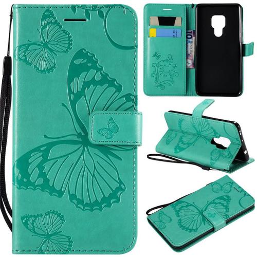 Huawei Mate 20 Coque, Saturcase Papillon Gaufrage Pu Cuir Magnétique Flip Portefeuille Support Porte-Carte Protecteur Coque Housse Étui Avec Dragonne Pour Huawei Mate 20 (Vert)