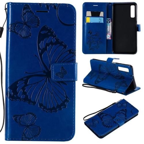 Samsung Galaxy A7 2018 Coque, Saturcase Papillon Gaufrage Pu Cuir Magnétique Flip Portefeuille Support Porte-Carte Protecteur Coque Housse Étui Avec Dragonne Pour Samsung Galaxy A7 2018 (Bleu)