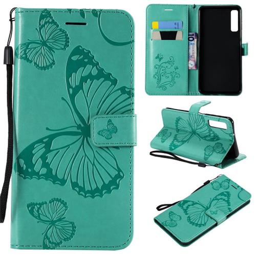 Samsung Galaxy A7 2018 Coque, Saturcase Papillon Gaufrage Pu Cuir Magnétique Flip Portefeuille Support Porte-Carte Protecteur Coque Housse Étui Avec Dragonne Pour Samsung Galaxy A7 2018 (Vert)