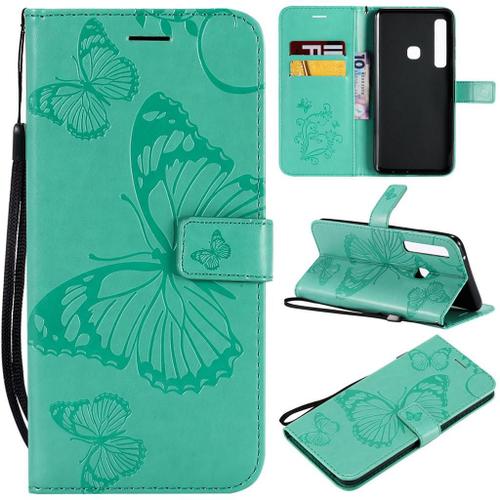 Samsung Galaxy A9 2018 Coque, Saturcase Papillon Gaufrage Pu Cuir Magnétique Flip Portefeuille Support Porte-Carte Protecteur Coque Housse Étui Avec Dragonne Pour Samsung Galaxy A9 2018 (Vert)