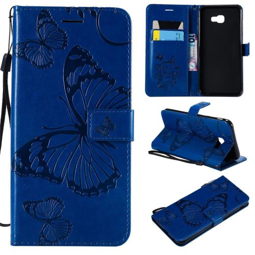 Samsung Galaxy J4 Plus 2018 Coque, Saturcase Papillon Gaufrage Pu Cuir Magnétique Flip Portefeuille Support Porte-Carte Protecteur Coque Housse Étui Avec Dragonne Pour Samsung Galaxy J4 Plus 2018 (Bleu)