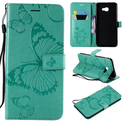 Samsung Galaxy J4 Plus 2018 Coque, Saturcase Papillon Gaufrage Pu Cuir Magnétique Flip Portefeuille Support Porte-Carte Protecteur Coque Housse Étui Avec Dragonne Pour Samsung Galaxy J4 Plus 2018 (Vert)