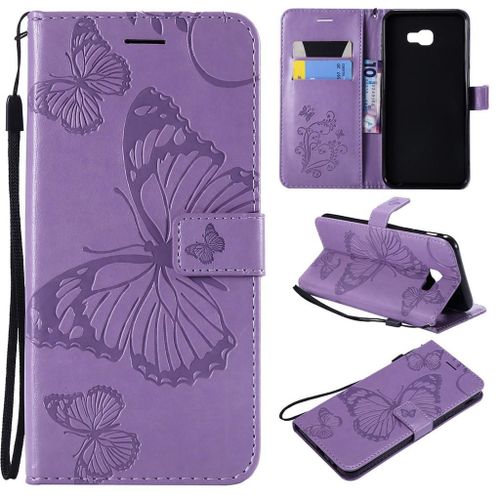 Samsung Galaxy J4 Plus 2018 Coque, Saturcase Papillon Gaufrage Pu Cuir Magnétique Flip Portefeuille Support Porte-Carte Protecteur Coque Housse Étui Avec Dragonne Pour Samsung Galaxy J4 Plus 2018 (Violet)