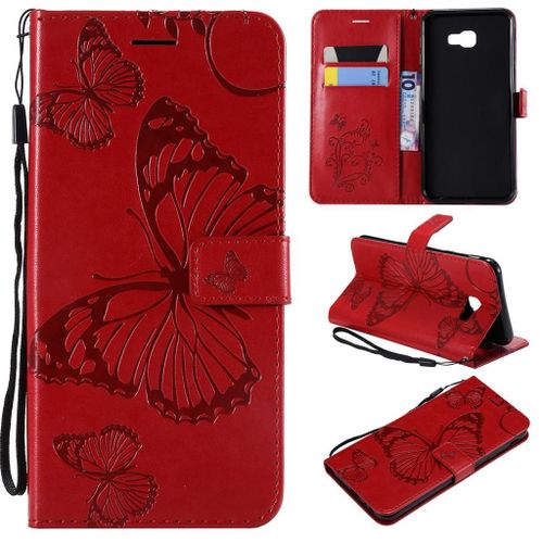 Samsung Galaxy J4 Plus 2018 Coque, Saturcase Papillon Gaufrage Pu Cuir Magnétique Flip Portefeuille Support Porte-Carte Protecteur Coque Housse Étui Avec Dragonne Pour Samsung Galaxy J4 Plus 2018 (Rouge)