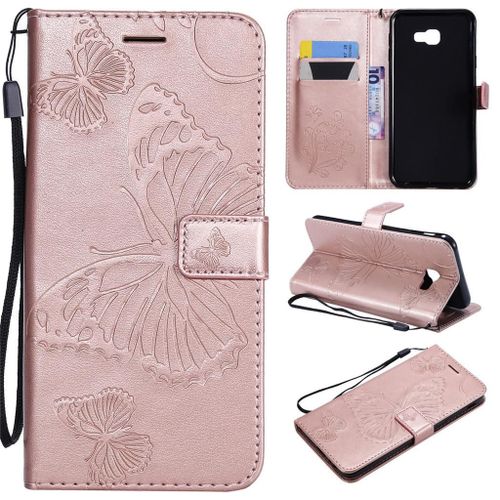 Samsung Galaxy J4 Plus 2018 Coque, Saturcase Papillon Gaufrage Pu Cuir Magnétique Flip Portefeuille Support Porte-Carte Protecteur Coque Housse Étui Avec Dragonne Pour Samsung Galaxy J4 Plus 2018 (Or Rose)