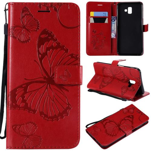 Samsung Galaxy J6 Plus 2018 Coque, Saturcase Papillon Gaufrage Pu Cuir Magnétique Flip Portefeuille Support Porte-Carte Protecteur Coque Housse Étui Avec Dragonne Pour Samsung Galaxy J6 Plus 2018 (Rouge)