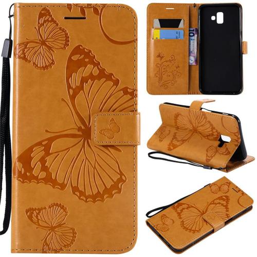 Samsung Galaxy J6 Plus 2018 Coque, Saturcase Papillon Gaufrage Pu Cuir Magnétique Flip Portefeuille Support Porte-Carte Protecteur Coque Housse Étui Avec Dragonne Pour Samsung Galaxy J6 Plus 2018 (Jaune)