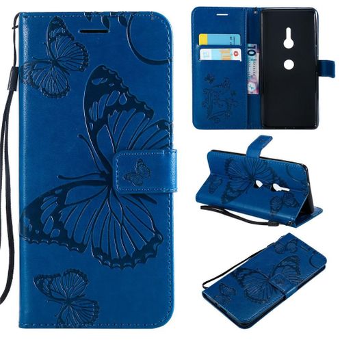 Sony Xperia Xz3 Coque, Saturcase Papillon Gaufrage Pu Cuir Magnétique Flip Portefeuille Support Porte-Carte Protecteur Coque Housse Étui Avec Dragonne Pour Sony Xperia Xz3 (Bleu)