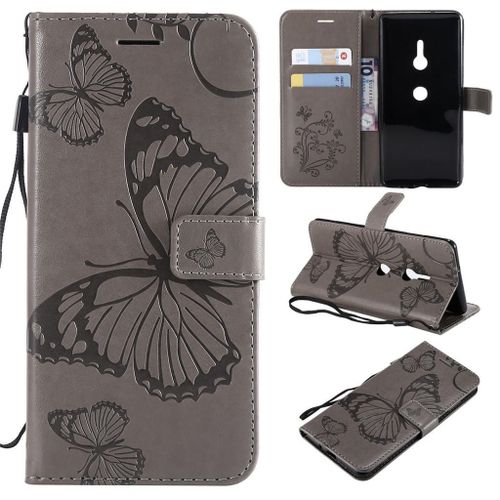 Sony Xperia Xz3 Coque, Saturcase Papillon Gaufrage Pu Cuir Magnétique Flip Portefeuille Support Porte-Carte Protecteur Coque Housse Étui Avec Dragonne Pour Sony Xperia Xz3 (Gris)