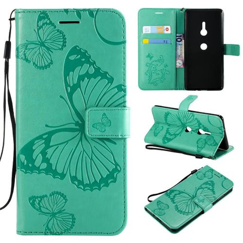 Sony Xperia Xz3 Coque, Saturcase Papillon Gaufrage Pu Cuir Magnétique Flip Portefeuille Support Porte-Carte Protecteur Coque Housse Étui Avec Dragonne Pour Sony Xperia Xz3 (Vert)